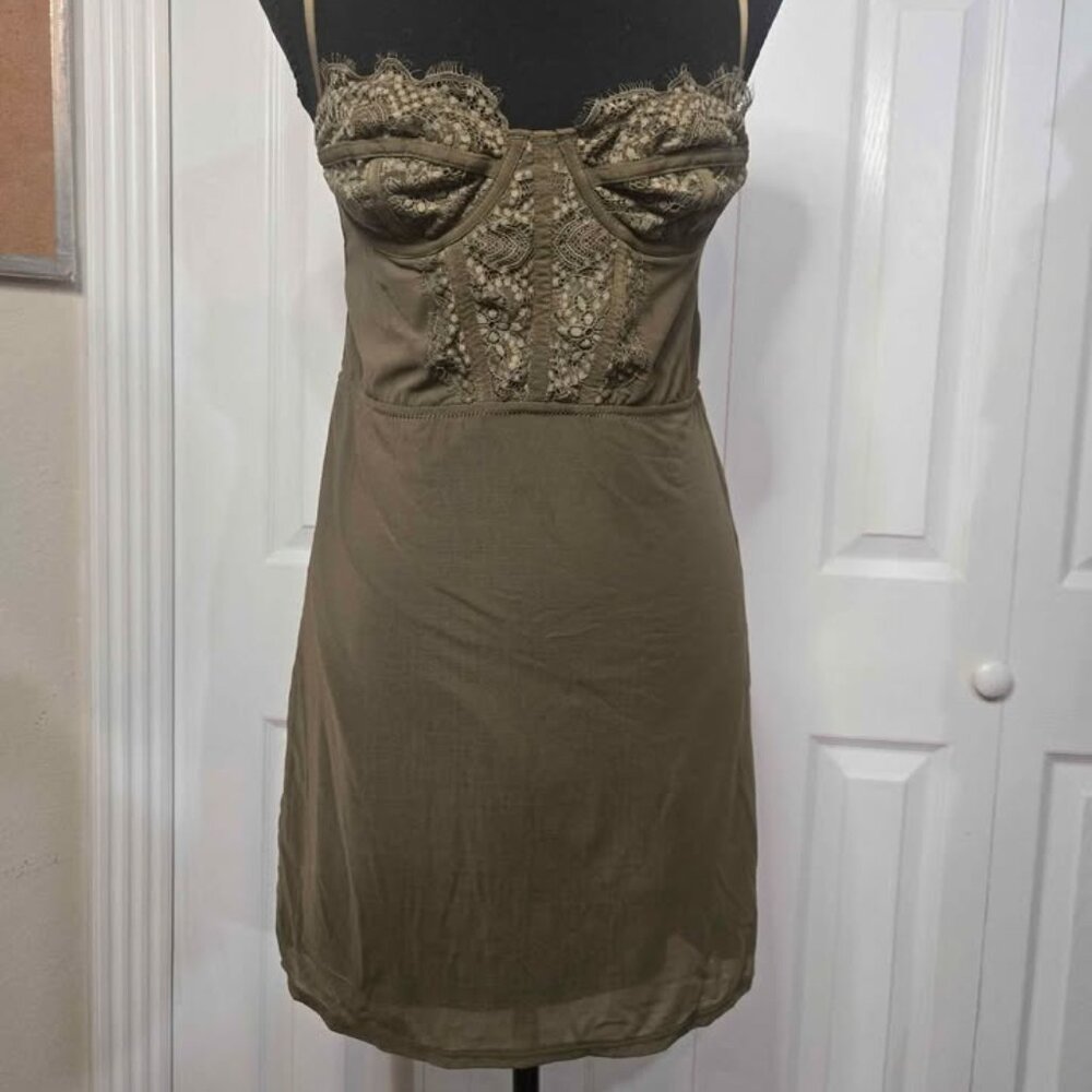 Urban Outfitters UO Medium Bodycon Slip Short Dress Lace Olive Green Y2K